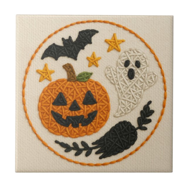 Cute Knitting Pumpkin Halloween Kakelplatta (Framsidan)