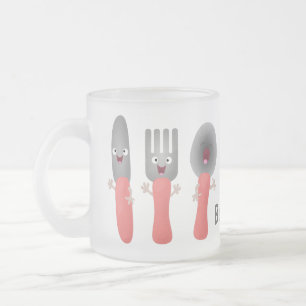 Cute knivar-gaffel och tecknad av skedkalvar frostad glasmugg