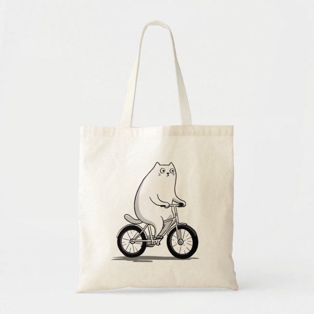 Cute Knubbig Cat Riding a Bicycle Tecknad Tygkasse (Framsidan)