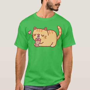 Cute Knubbig Orange Tabby katt Kärlek Boba Tea T Shirt