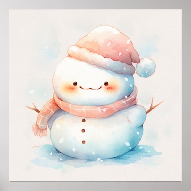 Cute Knubbig Watercolor Snögubbe Poster (Framsidan)