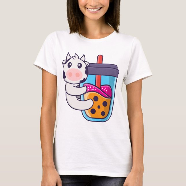 Cute ko Drinking Boba mjölk tea T Shirt (Framsida)