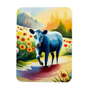 Cute ko i blommigten fält magnet