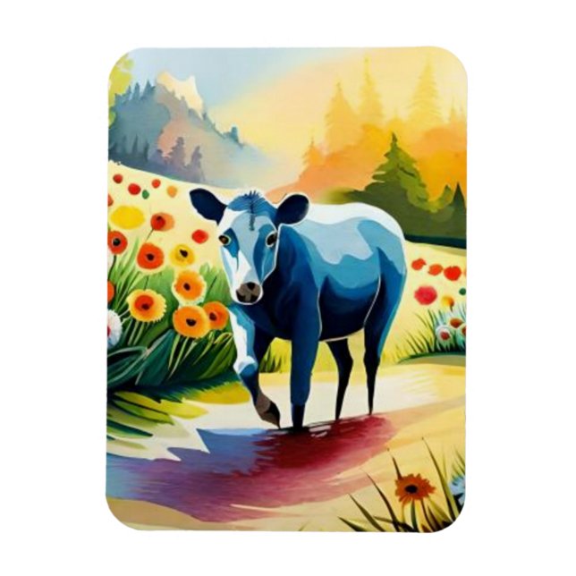 Cute ko i blommigten fält magnet (Vertikal)