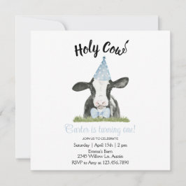 Cute ko med Blue Party hat & Bow Tie-inbjudan