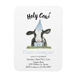 Cute ko med Blue Party hat & Bow Tie-inbjudan Magnet