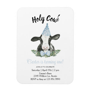 Cute ko med Blue Party hat & Bow Tie-inbjudan Magnet