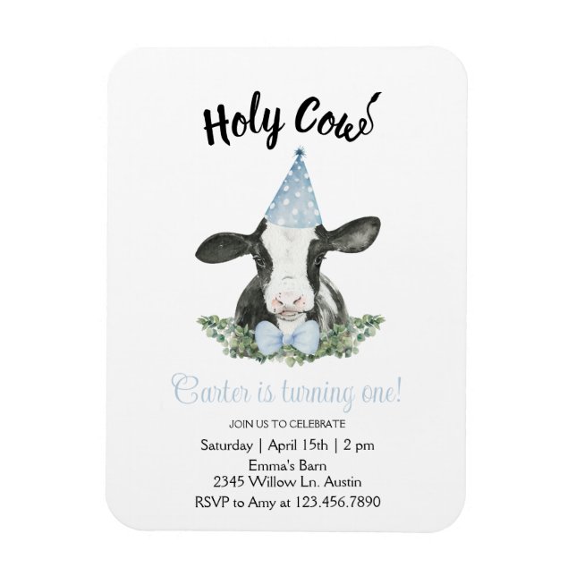 Cute ko med Blue Party hat & Bow Tie-inbjudan Magnet (Vertikal)