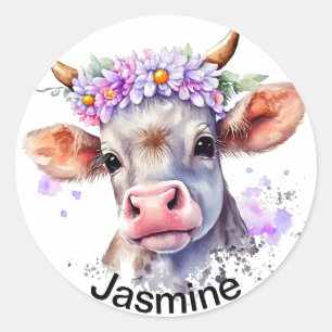 Cute ko med ditt namn blommigt krandfärgen k runt klistermärke