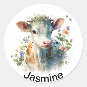 Cute-ko med ditt namn blommigt vattencolor Classic Runt Klistermärke