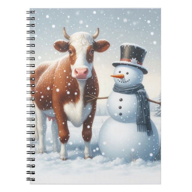 Cute ko & snögubbe på vintern fält anteckningsbok (Framsidan)