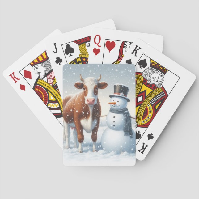 Cute ko & snögubbe på vintern fält casinokort (Baksidan)