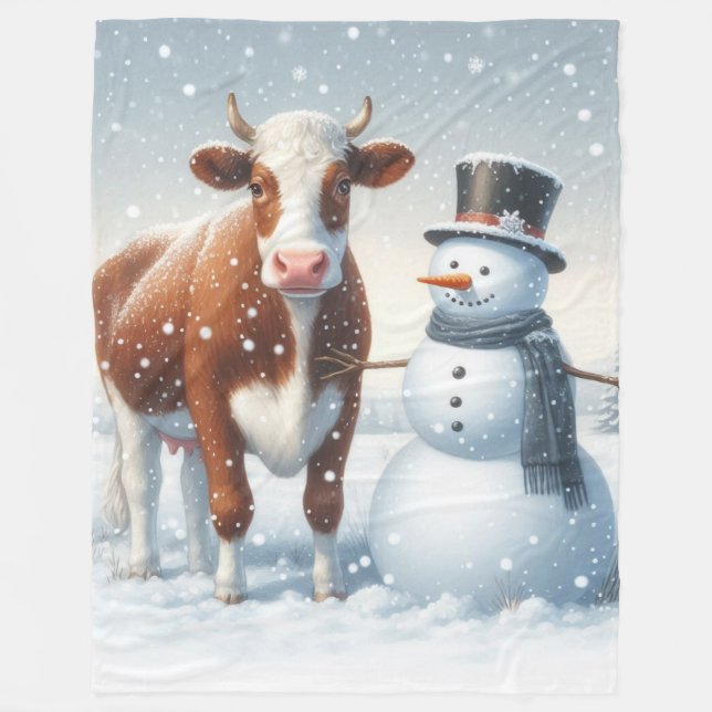 Cute ko & snögubbe på vintern fält fleecefilt (Framsidan)