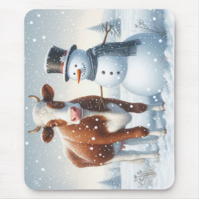 Cute ko & snögubbe på vintern fält musmatta (Framsidan)