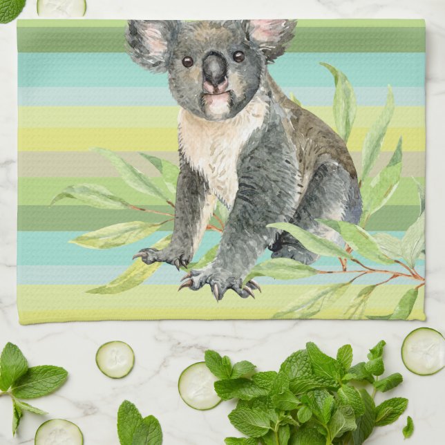 Cute Koala är märkt med grönt stripe-bg.  Kökshandduk (Vikta)
