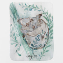 Cute Koala & Baby Watercolor Add Namn Teal Nursery