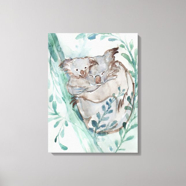 Cute Koala & Baby Watercolor Neutralt Nursery Teal Canvastryck (Framsida)
