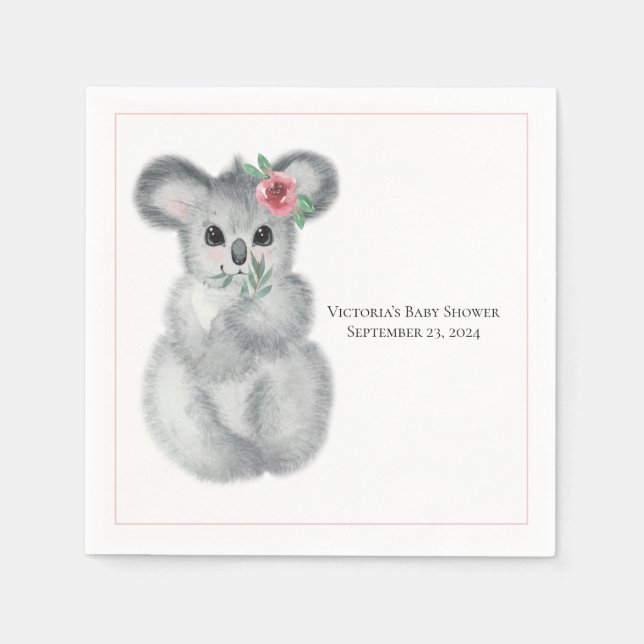 Cute Koala Bear Blommigt Modern Namn Baby Shower Pappersservett (Framsidan)