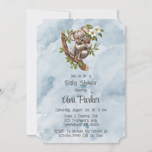 Cute Koala Bear Blue Pamen Shower Inbjudningar (Framsida)