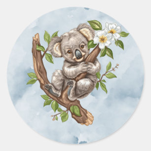 Cute Koala Bear Blue Watercolor Baby Shower Runt Klistermärke