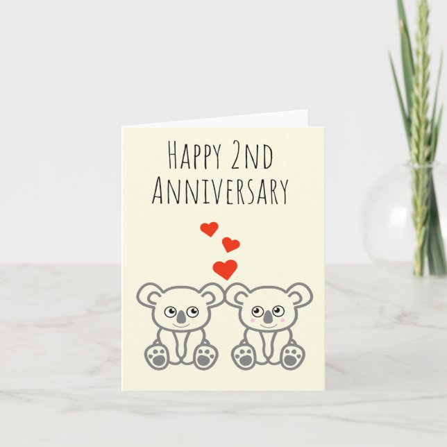 Cute Koala Bear Couple Couple-Lycklig 2-årsjubileu Kort (Framsida)