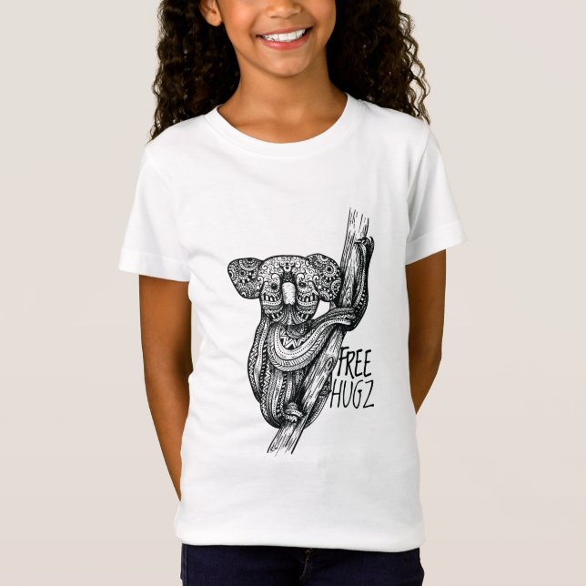 Cute KOALA Bear Free Hugz Hugs Mandala Doodle Art T Shirt (Framsida)