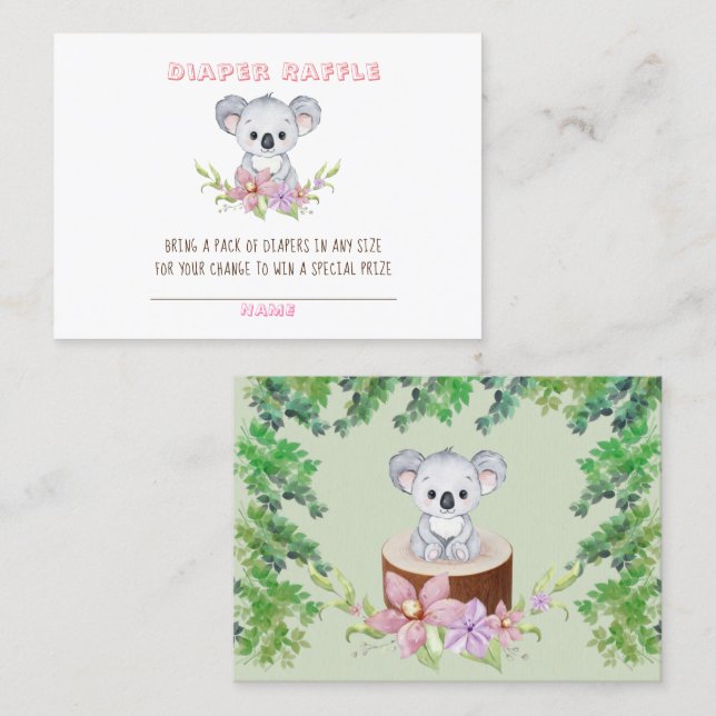 Cute Koala Bear Girl Diaper Raffle Baby Shower Visitkort (Fram/baksida)