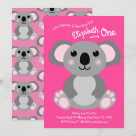 Cute Koala Bear Kids 1:a födelsedag Party Rosa Inbjudningar