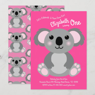 Cute Koala Bear Kids 1:a födelsedag Party Rosa Inbjudningar
