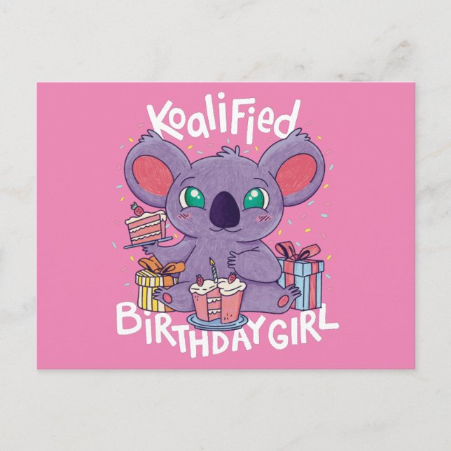 Cute Koala Bear Koalified Birthday Girl Rosa Vykort (Framsida)