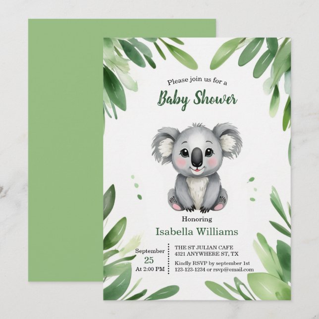 Cute Koala Bear med Grönt Löv Baby Shower Inbjudningar (Fram/baksida)