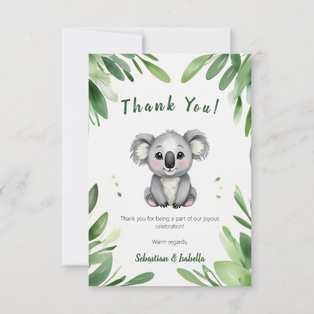 Cute Koala Bear med Grönt Löv Baby Shower Tack Kort (Framsida)