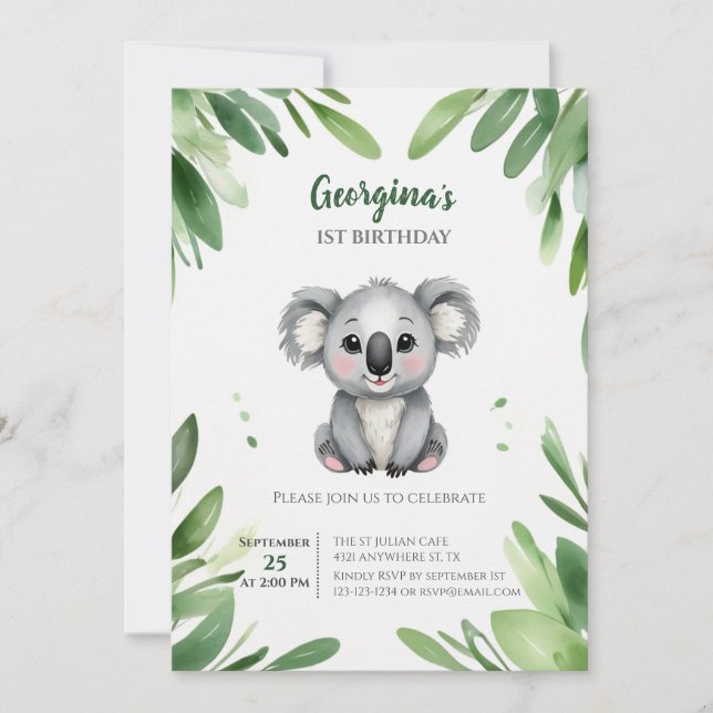 Cute Koala Bear med Grönt Löv första födelsedag Inbjudningar (Framsida)