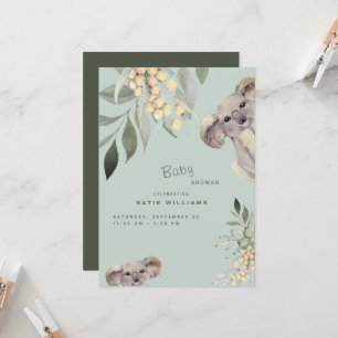 Cute Koala Bear Mint & Olive Baby Shower Inbjudningar