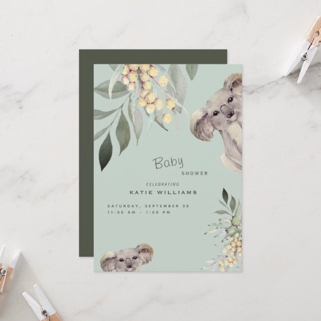 Cute Koala Bear Mint & Olive Baby Shower Inbjudningar (Fram/Back In Situ)