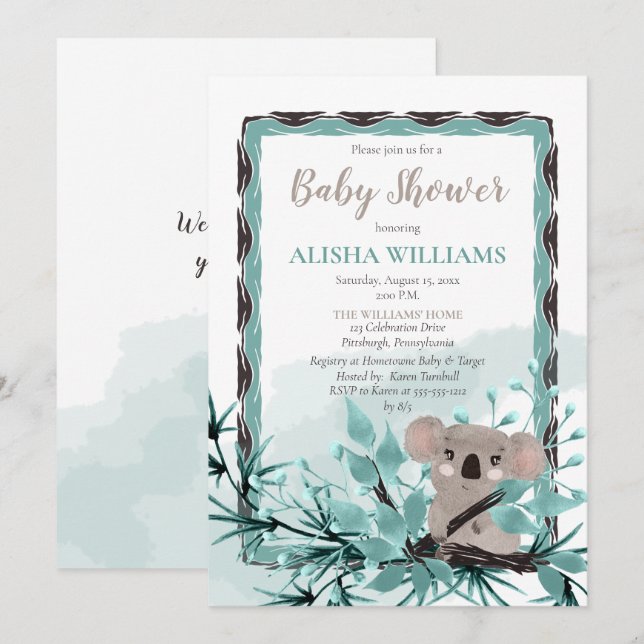 Cute Koala Bear on Watercolor Baby Shower I Inbjudningar (Fram/baksida)