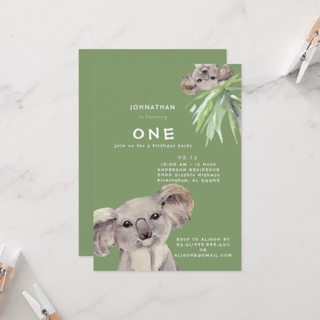 Cute Koala Bear ut med mig på födelsedagen Inbjudningar (Fram/Back In Situ)