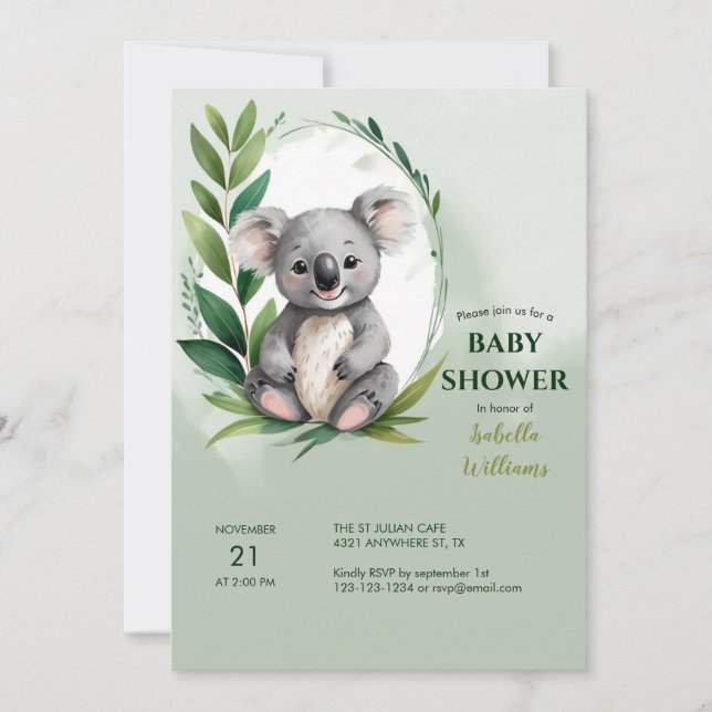 Cute Koala Bear Watercolor Grönt Baby Shower Inbjudningar (Framsida)