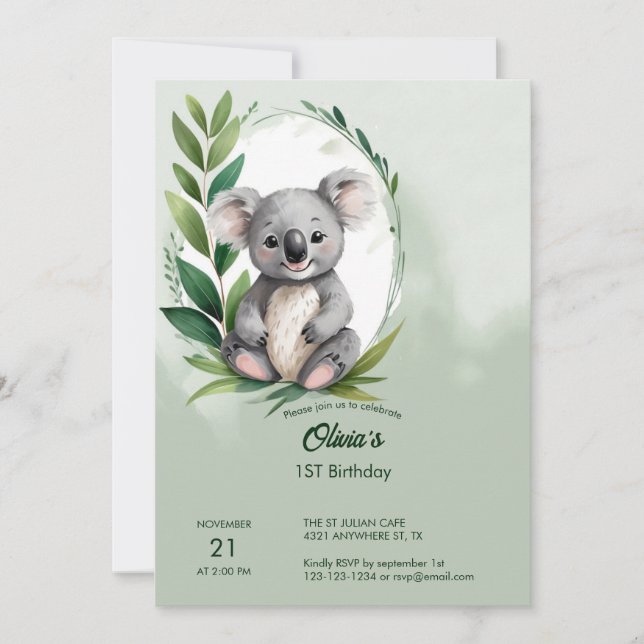 Cute Koala Bear Watercolor Grönt Birthday Inbjudningar (Framsida)