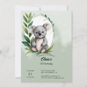 Cute Koala Bear Watercolor Grönt Birthday Inbjudningar