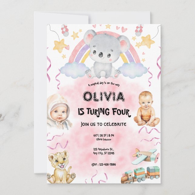  Cute koala  Birthday pink Inbjudningar (Framsida)