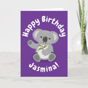 Cute koala björn med tecknad av löv kort