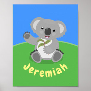 Cute koala björn med tecknad av löv poster
