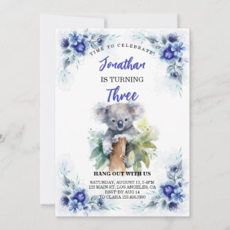 Cute Koala Editable Boy Birthday-inbjudningar Meddelande