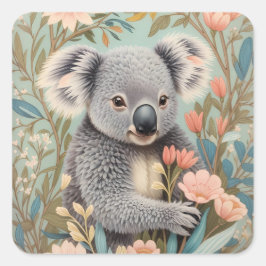 Cute Koala Elegant Pastel Floral Fyrkantigt Klistermärke