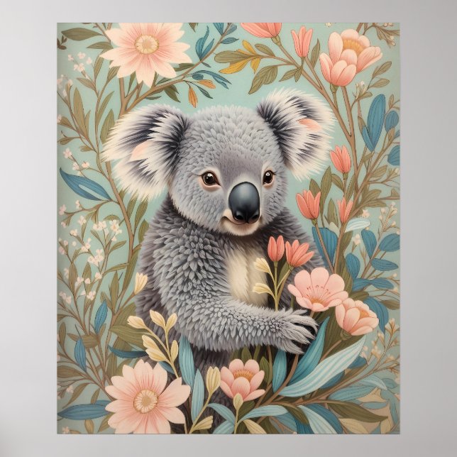 Cute Koala Elegant Pastel Floral Poster (Framsidan)