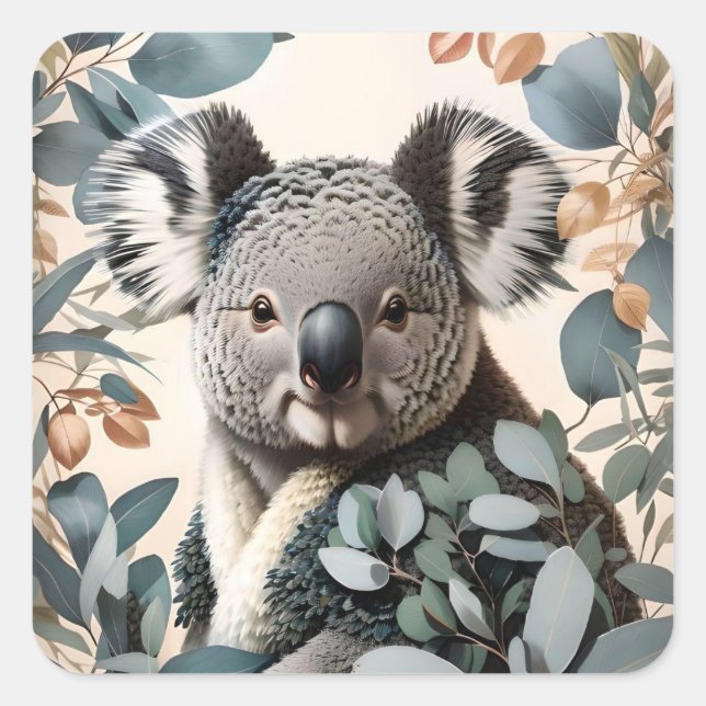 Cute Koala Eucalyptus Lövs Fyrkantigt Klistermärke (Framsida)