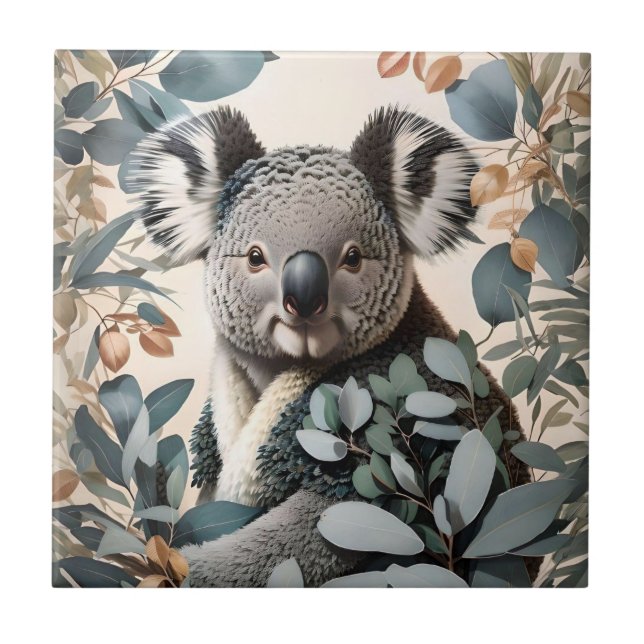 Cute Koala Eucalyptus Lövs Kakelplatta (Framsidan)