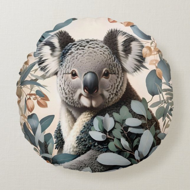 Cute Koala Eucalyptus Lövs Rund Kudde (Framsidan)