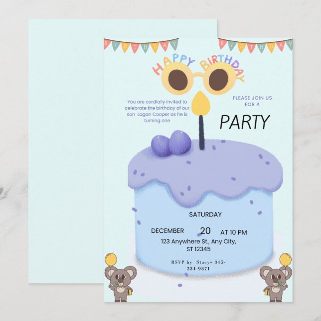 Cute Koala First Birthday Invitation - Customizabl Inbjudningar (Fram/baksida)